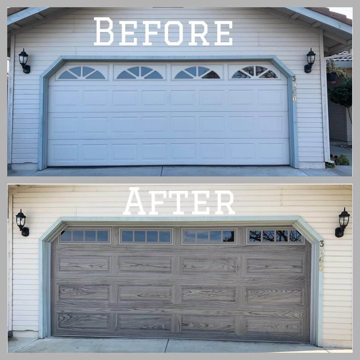 Before and after: gray wood-look garage door