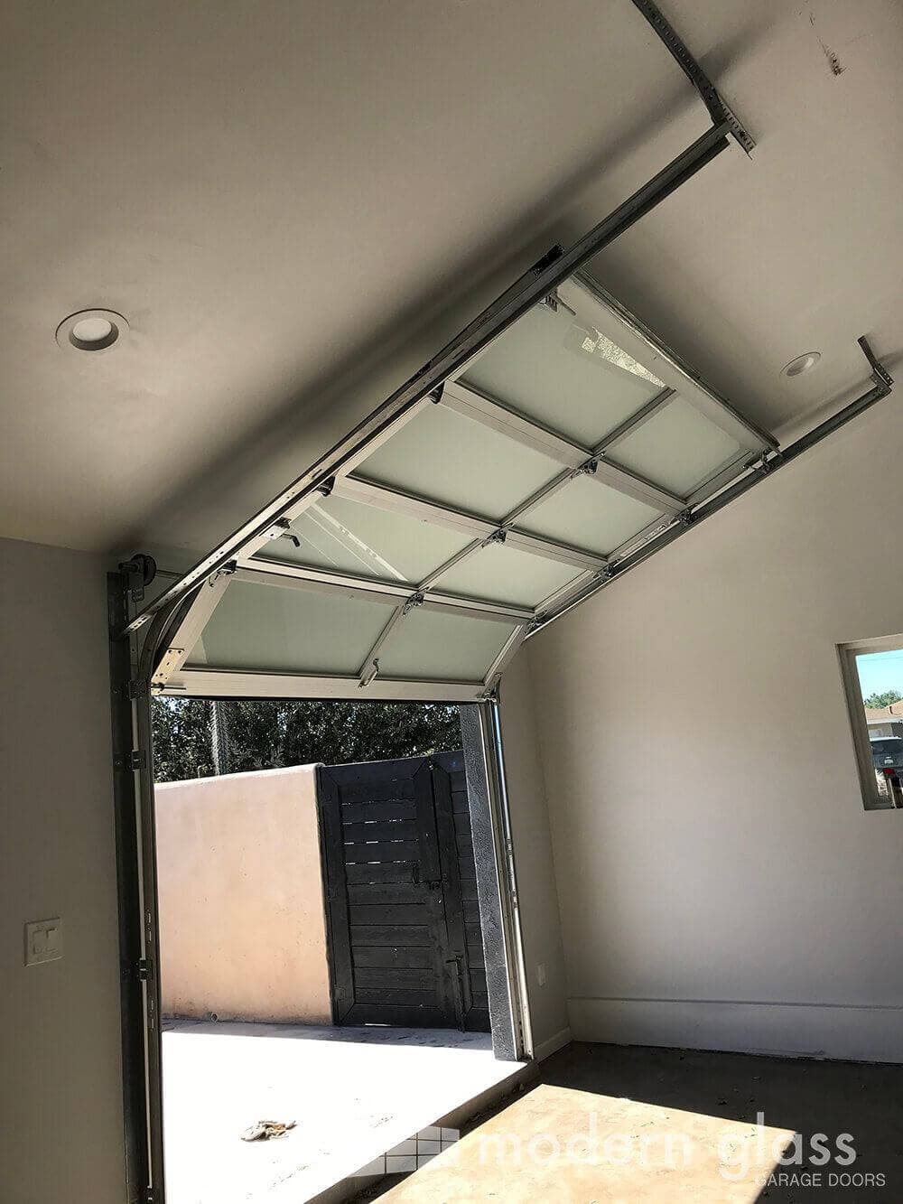 Modern glass garage door interior view