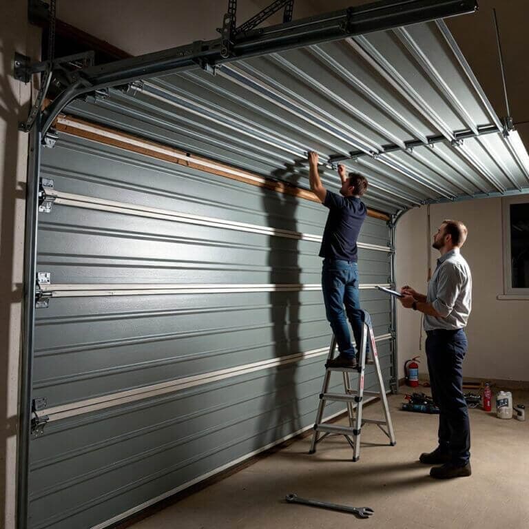 Team installing garage door from inside